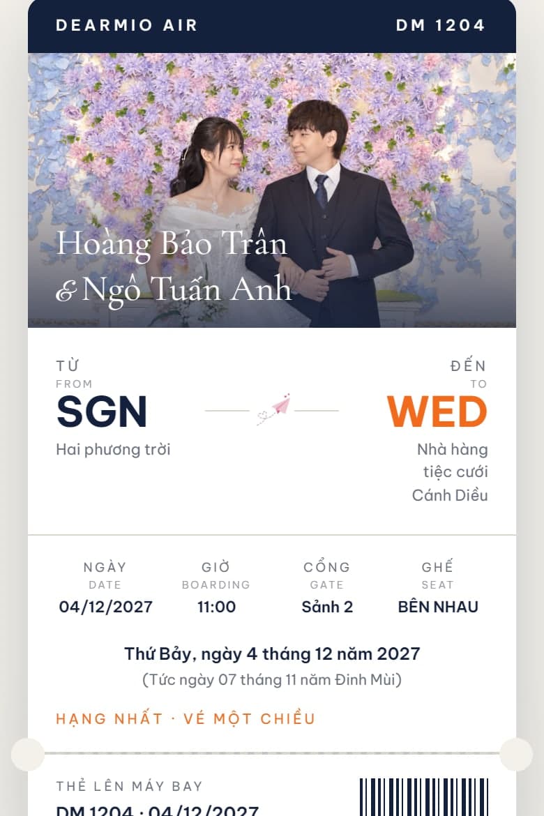 Thẻ lên máy bay — mẫu thiệp cưới online