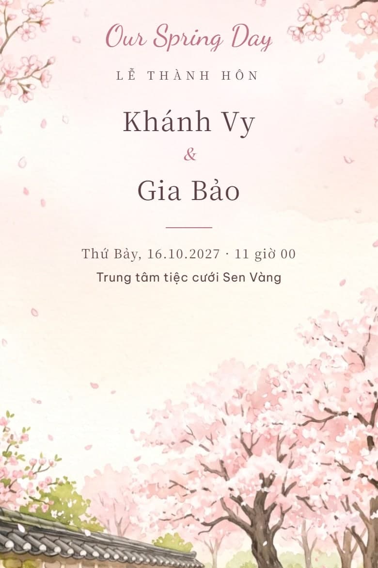 Lối hoa anh đào — mẫu thiệp cưới online
