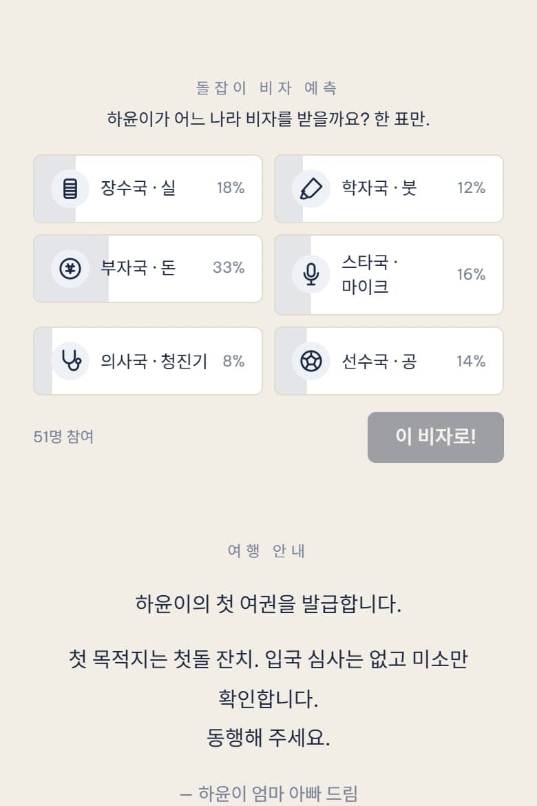 하객이 미리 돌잡이 결과에 투표하는 초대장 화면