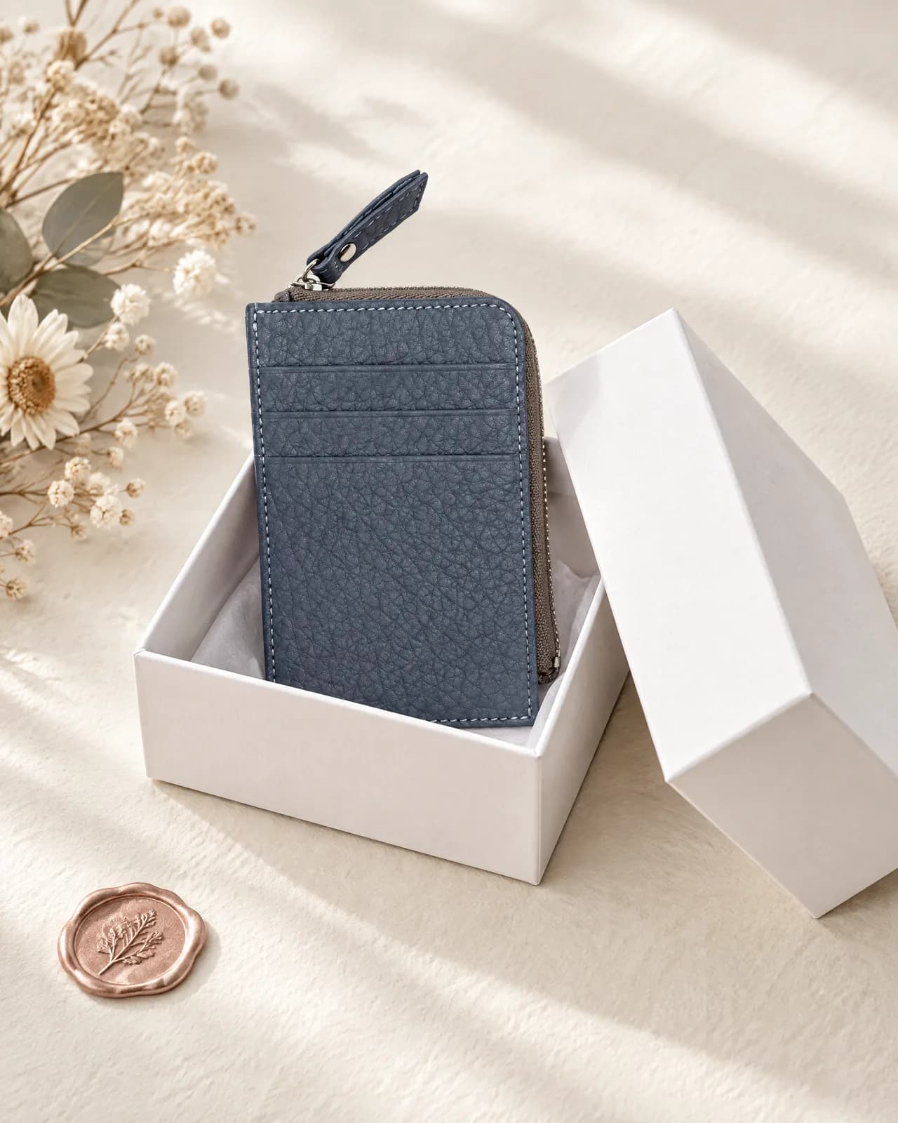 소가죽 지퍼형 카드지갑 — 종이케이스에 담긴 틸블루 지갑