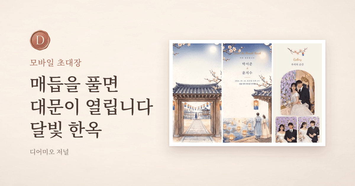 달빛 한옥 모바일 청첩장 — 솟을대문 첫 화면, 이름 화면, 아치 액자 갤러리